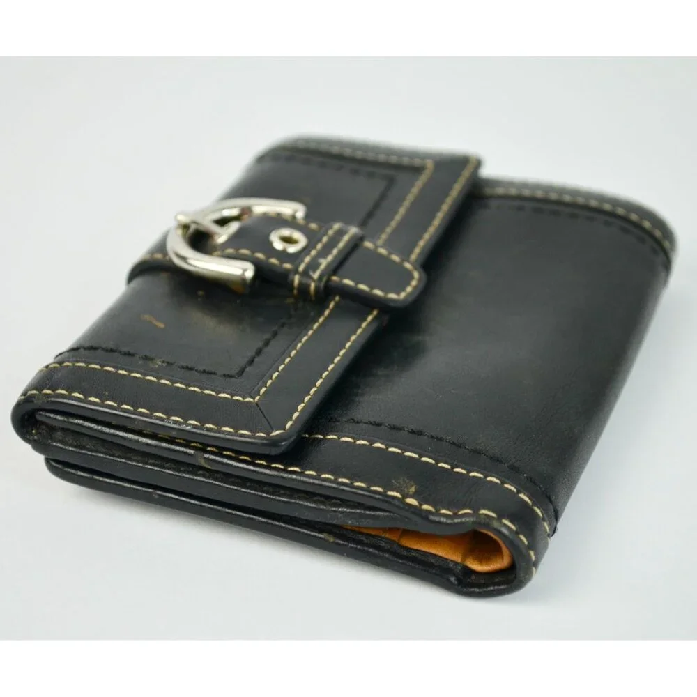 Coach Vintage Black Leather Bifold Wallet Visible Stitching Nickel Hardware Soho